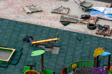 construction of a playground. Playground for children, recreation, landscaping and beautification. Top view.