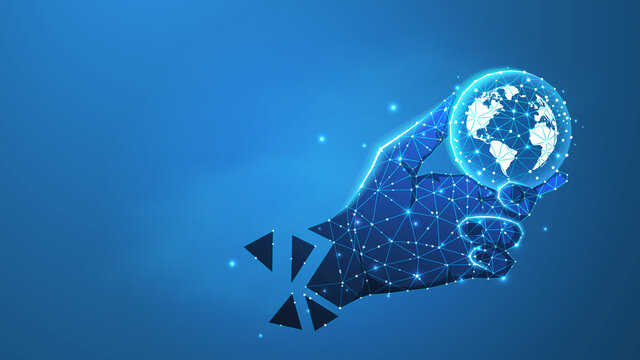Human arm or hand is holding Planet Earth. Digital raster image of Globe. Low poly technology or religion illustration. Abstract, polygonal 3d image on a blue neon background