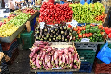 Vegetables and fruits for sale at street market in Athens, Greece, October 9 2020.