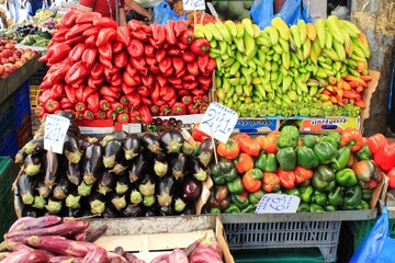 Vegetables and fruits for sale at street market in Athens, Greece, October 9 2020.