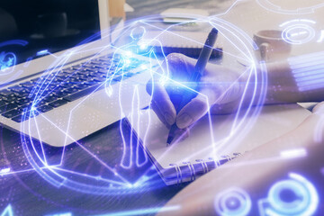 Education theme hologram over woman's hands writing background. Concept of study. Double exposure