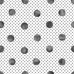 Polka dot black gray watercolor seamless pattern. Abstract watercolour color circles on white background