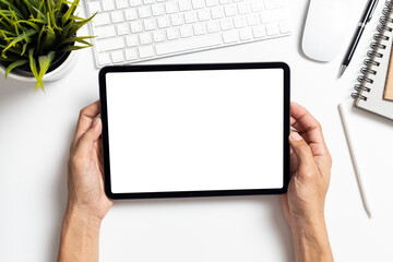 Mockup image tablet, businessman hand holding tablet pc with blank white screen