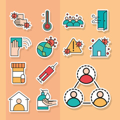 virus protection, set icons sticker with thermometer wash hands, stay at hme covid 19 line and fill icon