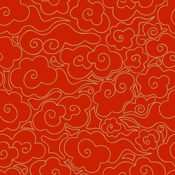 Abstract seamless pattern of Golden clouds on a red background. Chinese traditional ornament. Vintage background in Oriental style. Gold line. Hand drawn vector illustration