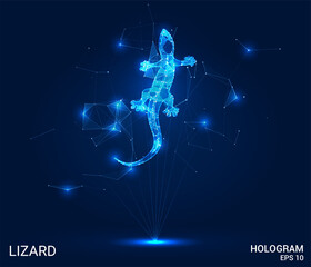 A hologram of a lizard. A lizard of polygons, triangles of points, and lines. Lizard low-poly compound structure. The technology concept.
