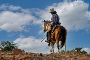 Silhouette and blur of action cowboy holding a gun on horseback.
