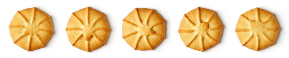 Butter cookies isolated on white, from above