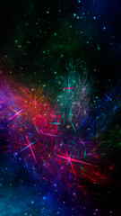 Abstract fractal fantastic space background with comets and stars. Vertical banner.