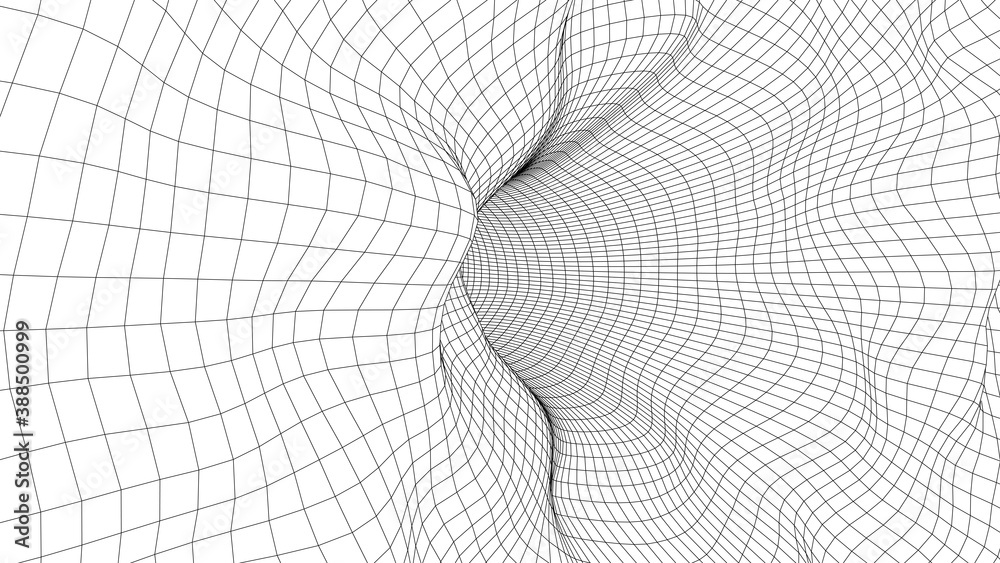 Poster curved wireframe abstract tunnel. 3d vector wormhole with a mesh structure. vortex. vector perspecti
