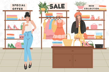 Fashion shop interior with female characters vector flat cartoon illustration.
