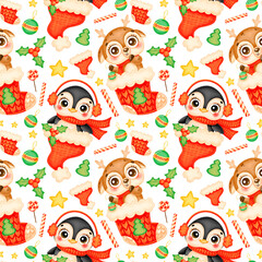 Cute cartoon Christmas animals seamless pattern. Christmas deer and penguin pattern.