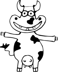Vector illustration of a smiling cow with open arms in Doodle style. Concept of wildlife, farming, zodiac signs, new year, Chinese new year. Can be used for books, paper, Wallpaper, fabric