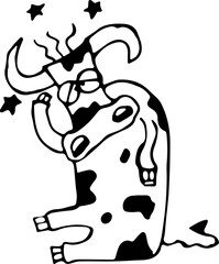 Vector illustration of a cow, a bull sitting and holding out its hand to its head, stars flying around its head in a Doodle style. Concept of wildlife, agriculture, zodiac signs, New year, Chinese New