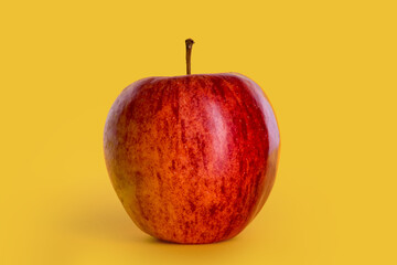 apple isolated on yellow background, autumn red fruit of the variety named fuji