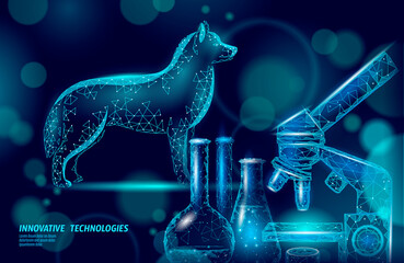 Obraz premium Dog pet standing with microscope lab. Low poly polygonal 3D dog silhouette companion. Animal medical center banner template vector illustration