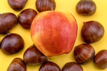 chestnuts and red royal gala apple isolated on yellow background in top view
