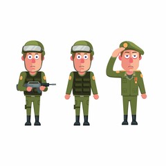 Soldier army man uniform character icon set concept in cartoon illustration vector isolated in white background