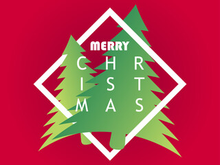 Fototapeta premium Merry Christmas. Green christmas trees in a frame on red background. Festive design for greeting card, poster and banner. Vector illustration