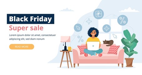 Black friday banner with woman holding a laptop. Vector illustration template