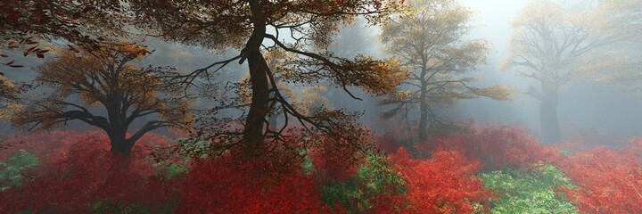 Fototapeta na wymiar Autumn park in the morning in the fog, 3D rendering