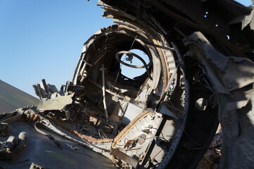 Remains of crashed military plane in the desert