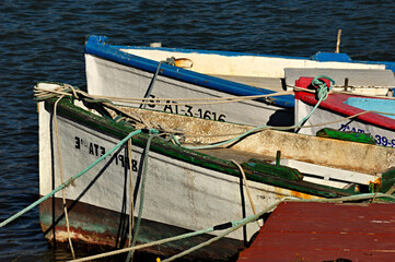 Colorful wooden fishing boats on the Segura river in Guardamar, Alicante - Spain