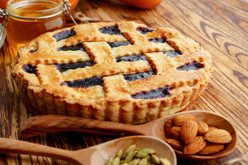 Berry tart pie served on table close up