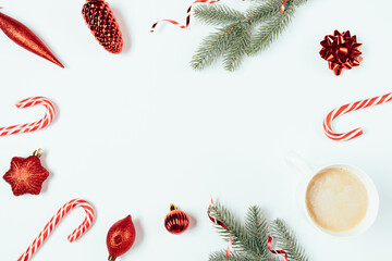 Christmas flat lay frame with green fir branches