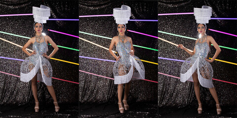 Fototapeta na wymiar Woman in Cabaret Carnival Fancy Dress Gown with glitter, luxury decoration
