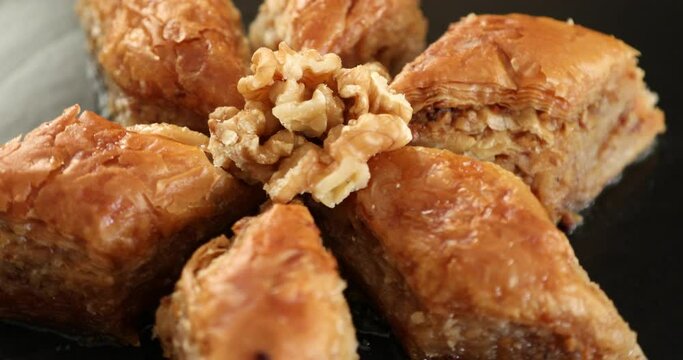 Famous Turkish walnut pastry dessert baklava Rotating Close up shot