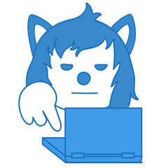 wolf emoticon pressing a notebook keyboard button with finger, simplistic facial expression vector illustration, circle or ball shaped cartoon character, simple hand drawn line icon from a set