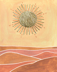 Golden sun, orange sky, terracotta desert landscape. Abstract modern poster. Gouache simple drawing.