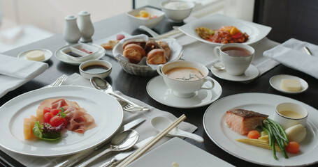 Lunch in the restaurant with different dishes