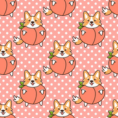 Seamless pattern with cute kawaii dog of breed Welsh Corgi in funny costume fruit peach. Beautiful print for packaging, wrapping paper, textile, home decor etc.