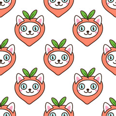 Seamless pattern with Сute kawaii cat in funny costume fruit peach. Beautiful print for packaging, wrapping paper, textile, home decor etc.