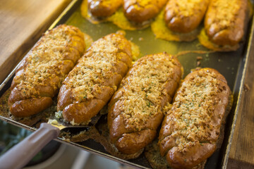 Korean cream cheese garlic bread sold at the bakery.