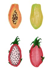 Set of fruits. Papaya and pitaya 