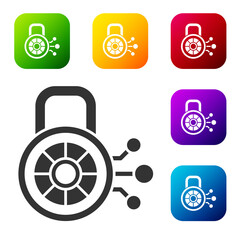 Black Cyber security icon isolated on white background. Closed padlock on digital circuit board. Safety concept. Digital data protection. Set icons in color square buttons. Vector.
