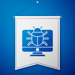 Blue System bug on monitor icon isolated on blue background. Code bug concept. Bug in the system. Bug searching. White pennant template. Vector.