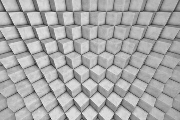 3D Background abstract minimalistic texture with many rows of volumetric cubes / pentahedrons lying in the white light. Animation. Mobile briquette wall
