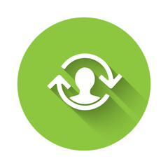 White Human resources icon isolated with long shadow. Concept of human resources management, professional staff research, head hunter job. Green circle button. Vector.