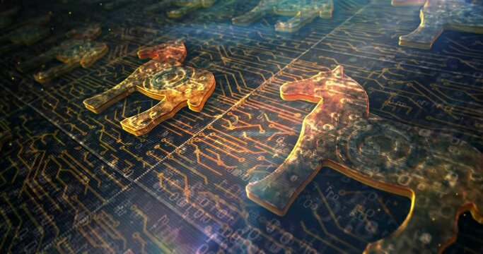 Trojan attack, computer virus, cyber security, malware, crime and spying software technology metal symbols. Loopable seamless abstract concept 3d rendering animation. Flying over circuit.
