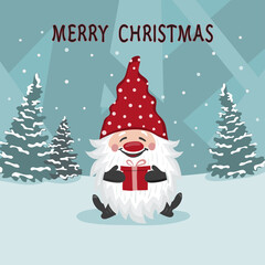 Greeting Christmas card with little cute gnome. Vector holiday illustration