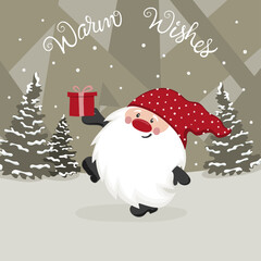 Greeting Christmas card with cute gnome. Vector holiday illustration
