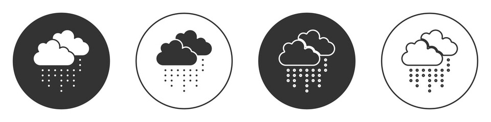 Black Cloud with rain icon isolated on white background. Rain cloud precipitation with rain drops. Circle button. Vector.