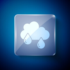 White Cloud with rain icon isolated on blue background. Rain cloud precipitation with rain drops. Square glass panels. Vector.