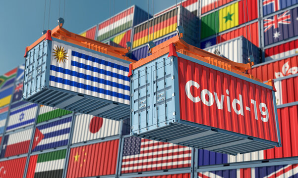 Container with Coronavirus Covid-19 text on the side and container with Uruguay Flag. 3D Rendering © Marius Faust