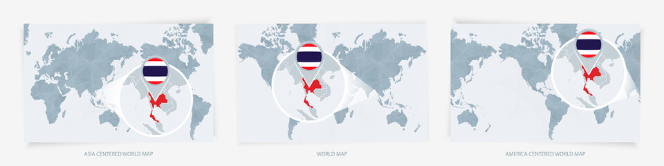 Three versions of the World Map with the enlarged map of Thailand with flag. © boldg