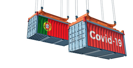 Container with Coronavirus Covid-19 text on the side and container with Portugal Flag. 3D Rendering 